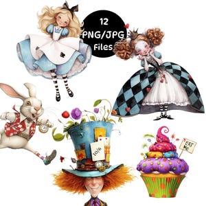 Alice in Wonderland Clipart 12 PNG/JPG Clipart Watercolour illustrations Mad Hatter Tea Party Quirky Alice Clipart Junk Journal Ephemera