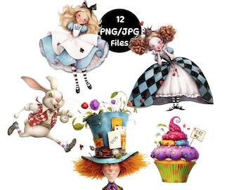 Alice in Wonderland Clipart 12 PNG/JPG Clipart Watercolour illustrations Mad Hatter Tea Party Quirky Alice Clipart Junk Journal Ephemera