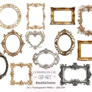 May include: A collection of ornate picture frames in various shapes and colors, including gold, silver, and black. The frames feature intricate floral and scrollwork designs. Text on the image reads "COMMERCIAL USE CLIP ART Beautiful frames".