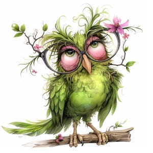 K&ouml;nnte beinhalten: Eine gr&uuml;ne Eule mit rosa Augenlidern und einer schwarzen Brille, die auf einem Ast mit rosa Bl&uuml;ten sitzt. Die Eule hat einen skurrilen, cartoonartigen Stil.