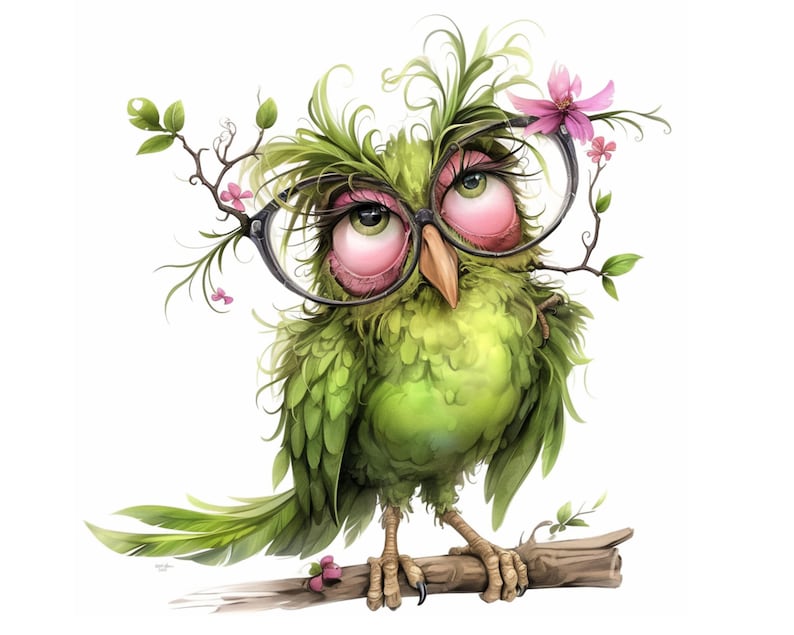 K&ouml;nnte beinhalten: Eine gr&uuml;ne Eule mit rosa Augenlidern und einer schwarzen Brille, die auf einem Ast mit rosa Bl&uuml;ten sitzt. Die Eule hat einen skurrilen, cartoonartigen Stil.