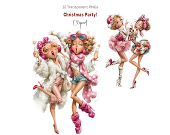 Imágenes prediseñadas de chicas en fiesta navideña, ilustraciones caprichosas en acuarela - Descarga digital