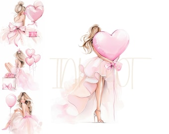 14 Valentine Girls Clipart Party Clipart Printable Watercolour clipart High Quality JPG Paper craft junk journals, Wedding Clipart Balloons