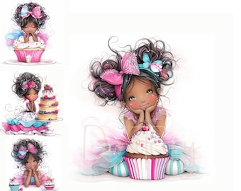 May include: Three illustrations of young girls with dark brown hair wearing pink and blue dresses and holding cupcakes. The girls have large eyes and are smiling. The cupcakes are decorated with sprinkles and cherries.