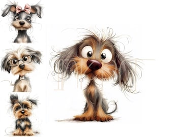 Imágenes prediseñadas de perros divertidos en acuarela, 12 archivos JPG para descarga digital.