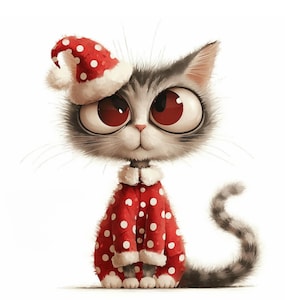 May include: A cartoon cat wearing a red and white polka dot Santa hat and matching pajamas. The cat has large, expressive eyes and a playful expression.