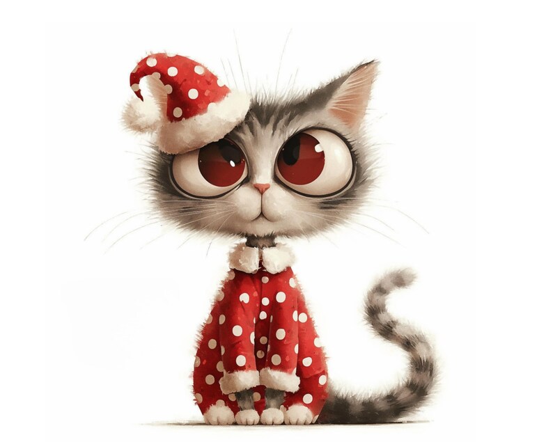 May include: A cartoon cat wearing a red and white polka dot Santa hat and matching pajamas. The cat has large, expressive eyes and a playful expression.