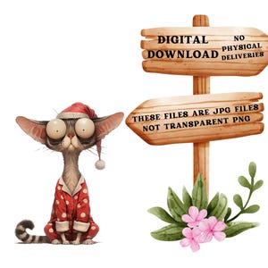 May include: Digital download of a cartoon cat wearing a red and white polka dot pajama top and a Santa hat. The cat has large, round eyes and a surprised expression. The image is accompanied by a wooden sign with the text "Digital Download" and "These files are JPG files, not transparent PNG".