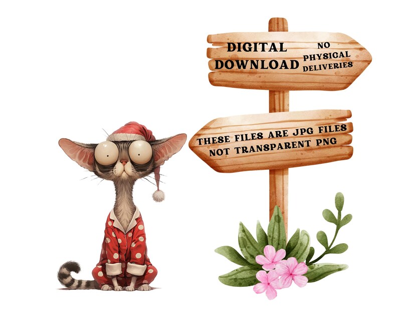 May include: Digital download of a cartoon cat wearing a red and white polka dot pajama top and a Santa hat. The cat has large, round eyes and a surprised expression. The image is accompanied by a wooden sign with the text "Digital Download" and "These files are JPG files, not transparent PNG".