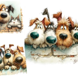 Quirky Dogs 10 High Res Watercolor JPGs Junk Journaling Scrapbooking Card Making Digital Download, Funny Dogs Clipart Cute Dogs Peeking Dogs