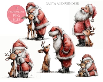 Watercolor Santa & Reindeer Clipart 15 Transparent PNGs  - Digital Download