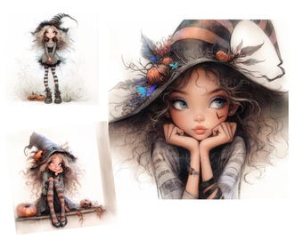 Halloween Quirky Girl Clip Art, Card Making, Digital Download