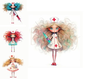 Enfermera peculiar Clipart Scrapbooking Imprimible Clipart de acuarela Alta calidad 14 JPG Manualidades de papel Revistas basura Enfermera caprichosa Enfermería