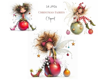 Quirky Christmas Fairy Art 14 High Res Watercolor JPGs - Digital Download