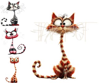 Quirky Cat Clipart Bundle, Funny Whimsical Animals (PNG, Commercial Use)