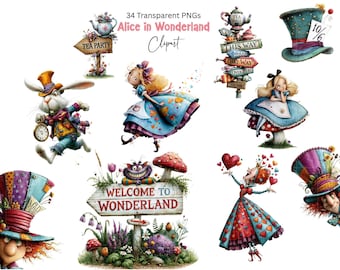 Alice in Wonderland Clipart,Mad Hatter, Watercolour Illustrations 34 Transparent PNGs - Digital Download