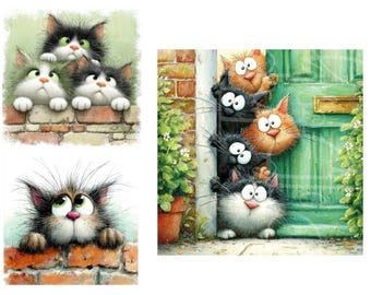 Watercolour Cats Clip Art, Funny Animal Illustrations Digital Download - Peeking Cats