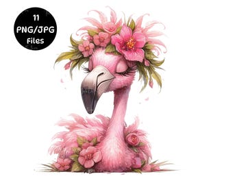 Flamingo Watercolor Clipart: High-Res PNG/JPG Images (Digital Download)