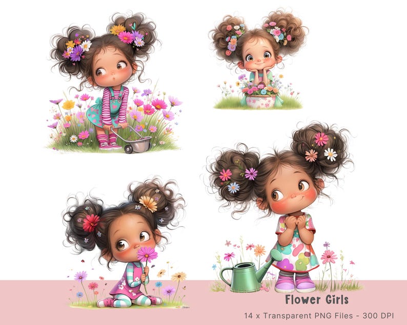 May include: Four digital illustrations of girls with brown hair and brown eyes. Each girl is wearing a different outfit and has flowers in her hair. The girls are surrounded by flowers and greenery. The text "Flower Girls" and "14 x Transparent PNG Files - 300 DPI" is at the bottom of the image.