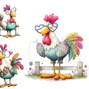 Bundle de cliparts drôles de poulets, poulets originaux Clipart 15 téléchargement numérique JPG aquarelle, aquarelle Clipart imprimable licence commerciale