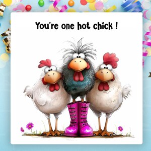 May include: A greeting card with three cartoon chickens. The center chicken stands in pink boots. The text "You're one hot chick!" is at the top. The background is white with confetti and streamers.