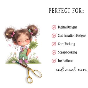 May include: A digital illustration of a girl with brown hair and pink bows holding a carrot and a bunch of green leafy vegetables. The text "PERFECT FOR:" is listed with check marks next to the following: Digital Designs, Sublimation Designs, Card Making, Scrapbooking, Invitations, and much more....