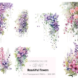 Set of 11 Watercolour Floral pattern, Watercolour Flower design, Flowers Digital Paper , Flower PNG, Flower Clipart, Cascading Flowers PNG