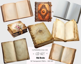 Watercolor 18 Old Books Clipart – Vintage Ephemera PNG - Digital Download