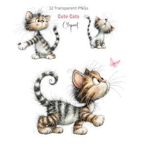 Può includere: Un set di illustrazioni digitali con tre gattini tigrati e soffici con occhi grandi e lunghi baffi. Un gattino cerca di afferrare una coccinella, un altro guarda verso l'alto e il terzo cammina verso una farfalla rosa. Testo: 12 Transparent PNGs Cute Cats Clipart.