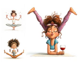 Yoga and Wine Watercolor Clipart, Funny Art - Digital Download