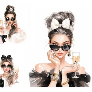 Puede incluir: Ilustraciones en acuarela de mujeres elegantes con copas de champán, gafas de sol y accesorios. Las imágenes presentan un lazo negro, una bufanda de piel sintética blanca y un bolso negro con una flor.