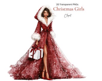 Christmas Girls Clipart – 20 Transparent PNG Files - Watercolour Party Illustrations - Digital Download