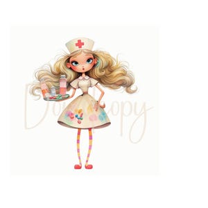 Peut inclure: Une illustration de dessin anim&eacute; d'une infirmi&egrave;re portant une robe blanche avec une croix rouge sur son chapeau. Elle tient un plateau avec des bouteilles et une petite assiette de pilules. La robe est recouverte d'&eacute;claboussures de peinture color&eacute;es.