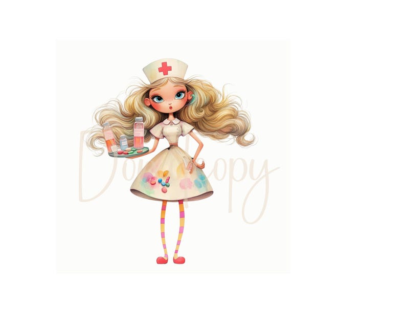 Peut inclure: Une illustration de dessin anim&eacute; d'une infirmi&egrave;re portant une robe blanche avec une croix rouge sur son chapeau. Elle tient un plateau avec des bouteilles et une petite assiette de pilules. La robe est recouverte d'&eacute;claboussures de peinture color&eacute;es.