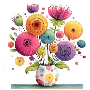 Watercolor Quirky Flowers Clipart, Vase Illustration (Digital Download)