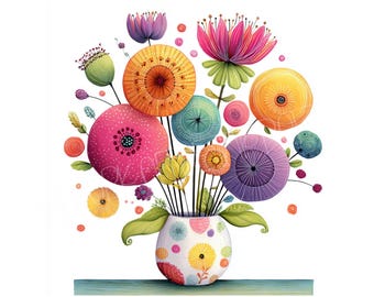 Watercolor Quirky Flowers Clipart, Vase Illustration (Digital Download)