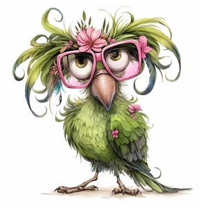 K&ouml;nnte beinhalten: Ein gr&uuml;ner Vogel mit rosa Brille und Blumen im Haar. Der Vogel schaut zur Seite mit einem lustigen Ausdruck.