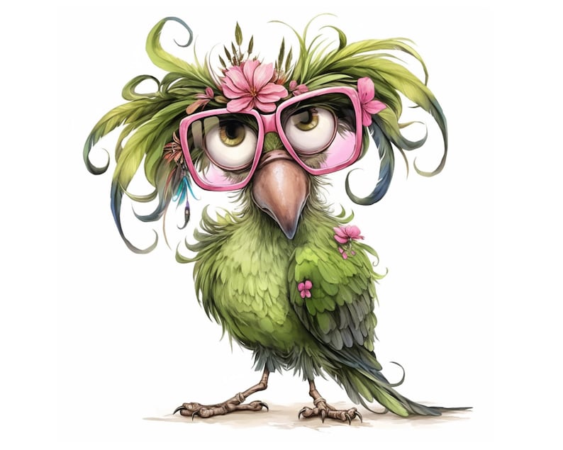 K&ouml;nnte beinhalten: Ein gr&uuml;ner Vogel mit rosa Brille und Blumen im Haar. Der Vogel schaut zur Seite mit einem lustigen Ausdruck.