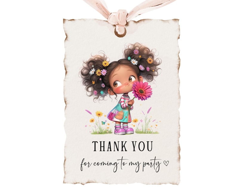 May include: A thank you tag with a cartoon illustration of a girl with brown hair and a pink flower. The text on the tag reads "Thank you for coming to my party".