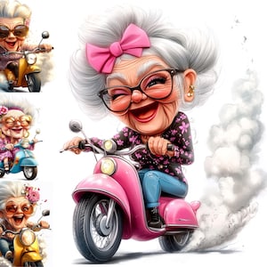 Puede incluir: Una ilustración de dibujos animados de una mujer mayor con cabello gris y un lazo rosa montando un scooter rosa. Lleva una camisa de flores negra y rosa y pantalones vaqueros azules. El scooter deja un rastro de humo detrás.