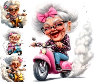 Imágenes prediseñadas divertidas de abuelas en moto, estilo Junk Journal Ladies (descarga digital)