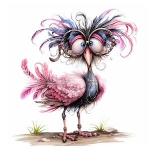 K&ouml;nnte beinhalten: Ein Cartoon-Vogel mit rosa und schwarzen Federn, der eine gro&szlig;e runde Brille mit Strasssteinen tr&auml;gt. Der Vogel hat gro&szlig;e blaue Augen und einen langen Schnabel. Er steht auf einer braunen Oberfl&auml;che mit gr&uuml;nem Gras.