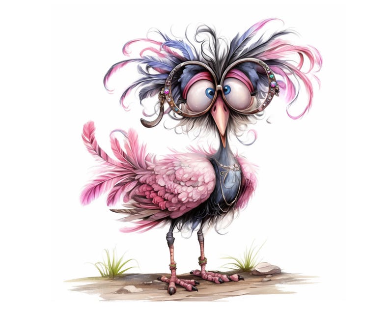 K&ouml;nnte beinhalten: Ein Cartoon-Vogel mit rosa und schwarzen Federn, der eine gro&szlig;e runde Brille mit Strasssteinen tr&auml;gt. Der Vogel hat gro&szlig;e blaue Augen und einen langen Schnabel. Er steht auf einer braunen Oberfl&auml;che mit gr&uuml;nem Gras.