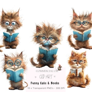 Lot de 10 cliparts PNG drôles et mignons animaux insolites Clip Art, Art Transparent imprimable, chats drôles PNG Chats et livres PNG chats Clipart