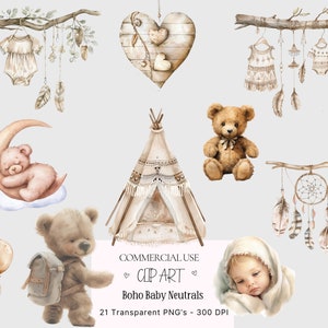 Watercolour Baby Shower Clipart Bundle, Boho Clip Art, Baby Shower clipart Neutral nursery clipart Baby shower PNG Boho Baby Clipart PNG