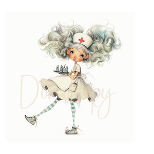 Peut inclure: Une illustration de dessin anim&eacute; d'une infirmi&egrave;re aux cheveux blancs, portant une robe blanche et un chapeau de croix rouge, tenant un plateau avec des flacons de m&eacute;dicaments. L'infirmi&egrave;re marche et sourit.