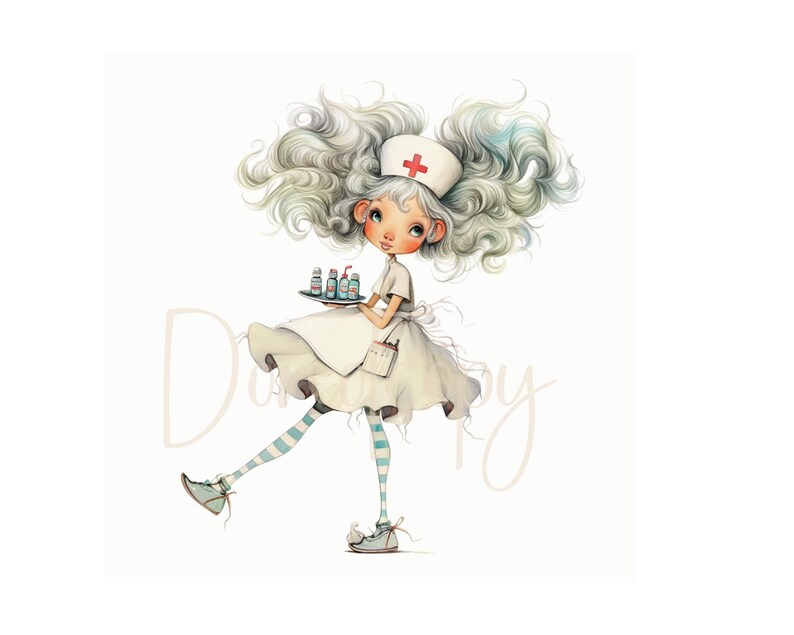 Peut inclure: Une illustration de dessin anim&eacute; d'une infirmi&egrave;re aux cheveux blancs, portant une robe blanche et un chapeau de croix rouge, tenant un plateau avec des flacons de m&eacute;dicaments. L'infirmi&egrave;re marche et sourit.