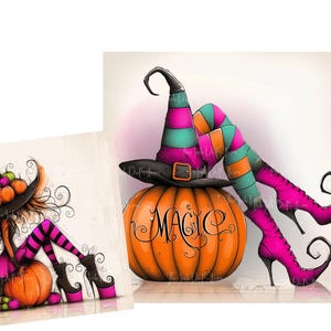 May include: A Halloween-themed illustration with a witch's hat, striped leggings, and high-heeled boots. A large orange pumpkin with the word "MAGIC" is in the center. The witch is sitting on a stack of books and a pumpkin.