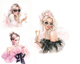 Fashion Girls Clipart Party Clipart Printable Watercolour clipart 14 High Quality JPG Paper craft junk journals, Birthday Clipart