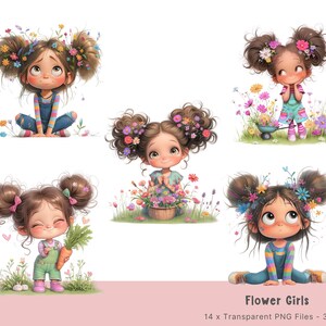 May include: Four digital illustrations of girls with flowers in their hair. Each girl is wearing a different outfit and has a different expression. The illustrations are in a cartoon style and have a whimsical feel.
